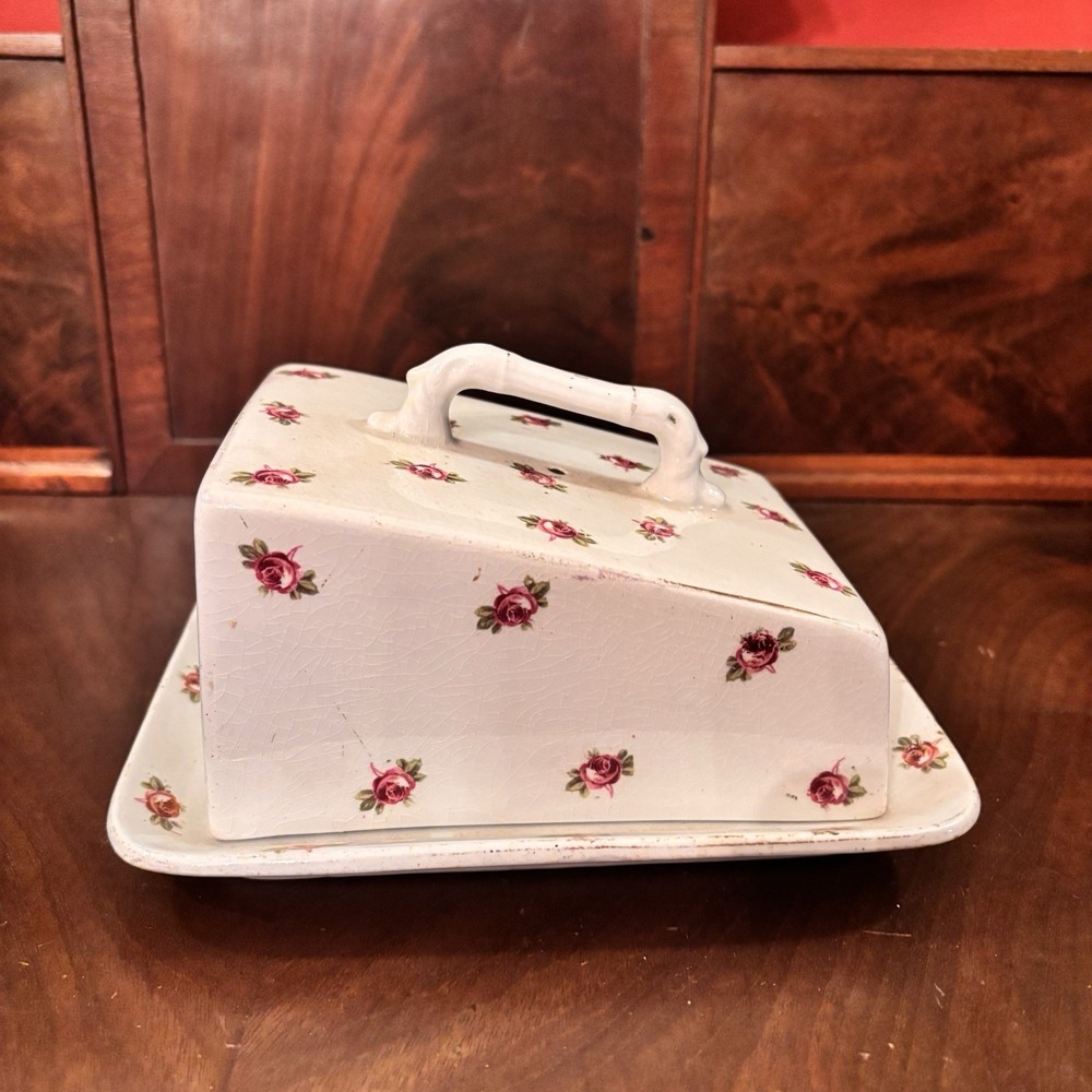 Antique Grimwades Stoke on Trent England Rose Floral Cheese Butter Dish & Cover
